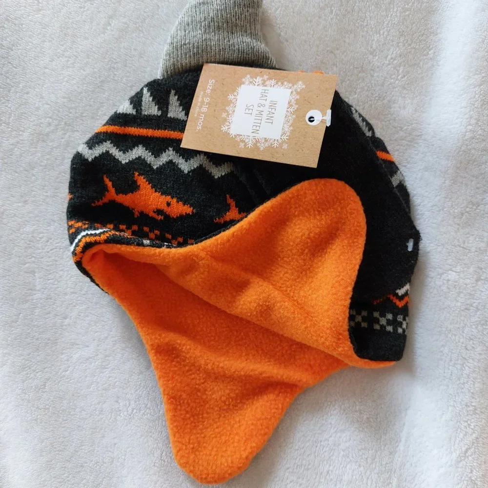 Addie & Sate Infant Shark Trapper Hat & Mitten Set, NWT